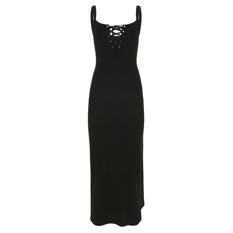 Self tie u neck hollow out ribbed slit cami cut out midi dress