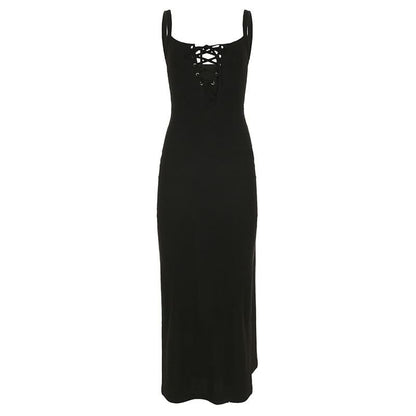 Self tie u neck hollow out ribbed slit cami cut out midi dress