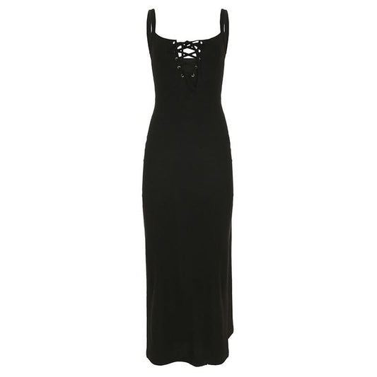 Self tie u neck hollow out ribbed slit cami cut out midi dress