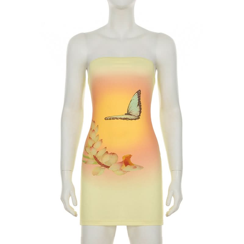 Butterfly print contrast backless tube mini dress