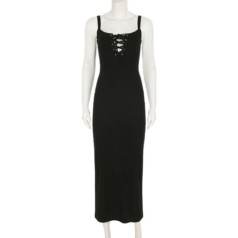 Self tie u neck hollow out ribbed slit cami cut out midi dress
