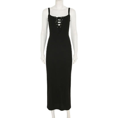 Self tie u neck hollow out ribbed slit cami cut out midi dress
