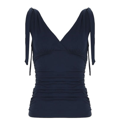 Ruched deep V neck solid self tie tank top