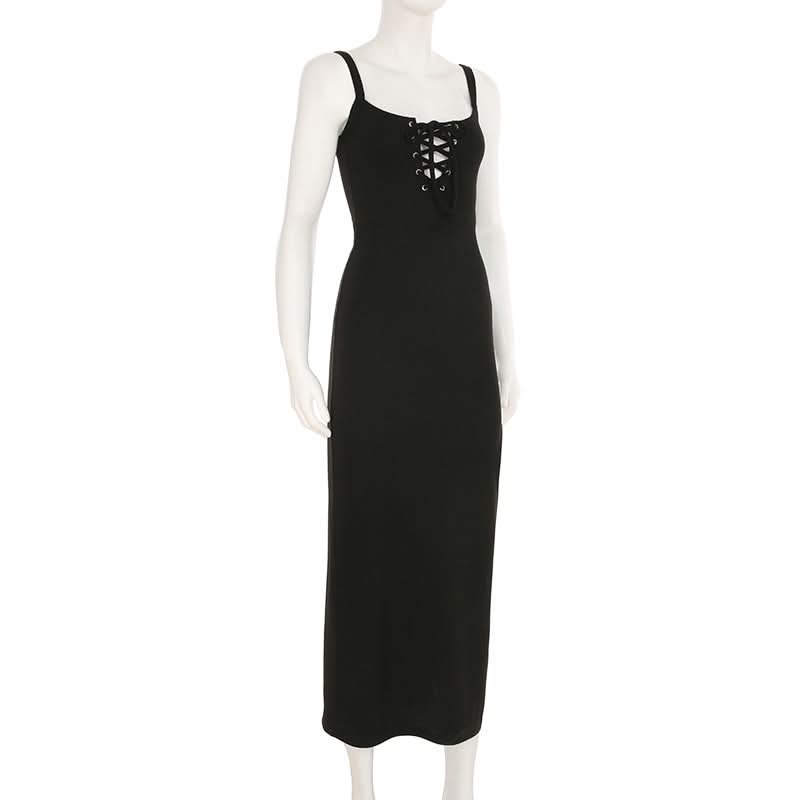 Self tie u neck hollow out ribbed slit cami cut out midi dress