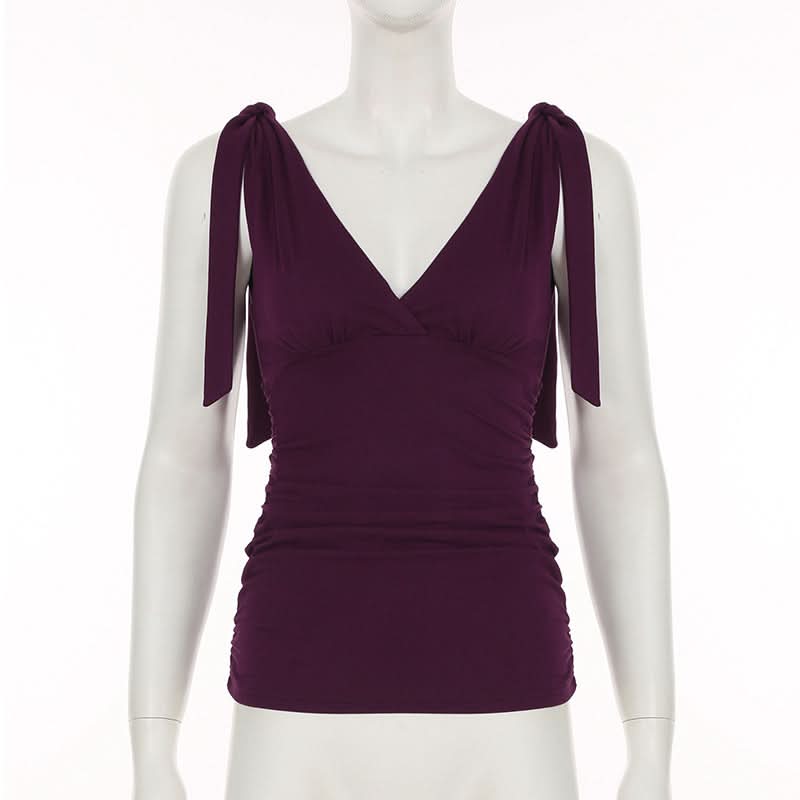Ruched deep V neck solid self tie tank top