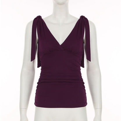 Ruched deep V neck solid self tie tank top
