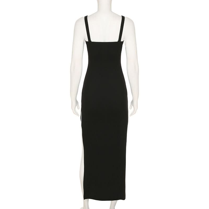 Self tie u neck hollow out ribbed slit cami cut out midi dress