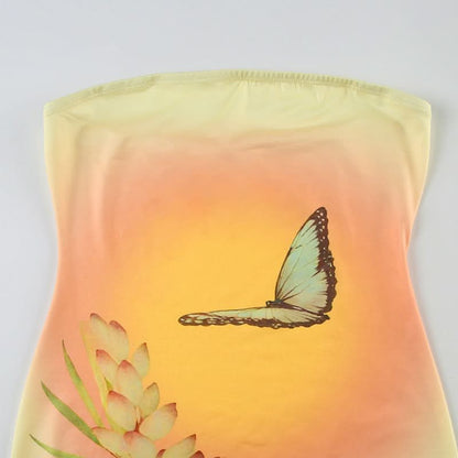 Butterfly print contrast backless tube mini dress