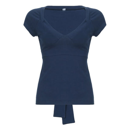 Cap sleeve v neck self tie bowknot solid top