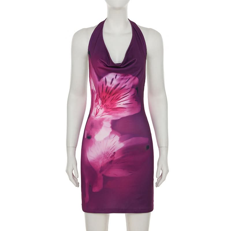 Halter flower print cowl neck backless mini dress