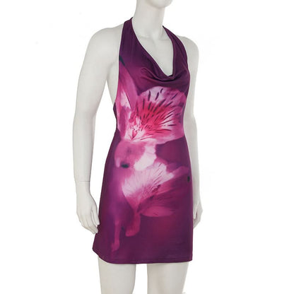 Halter flower print cowl neck backless mini dress