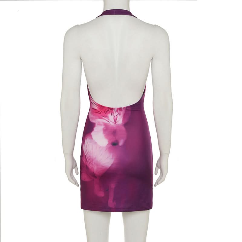 Halter flower print cowl neck backless mini dress