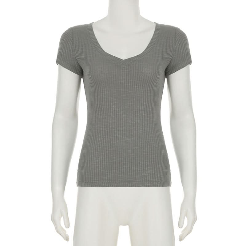 V neck short sleeve ribbed top