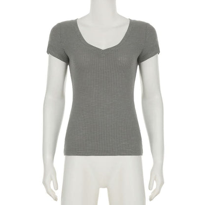 V neck short sleeve ribbed top