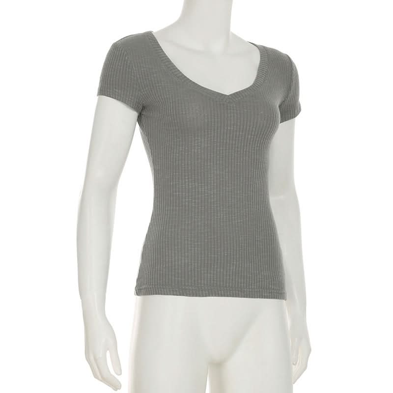 V neck short sleeve ribbed top