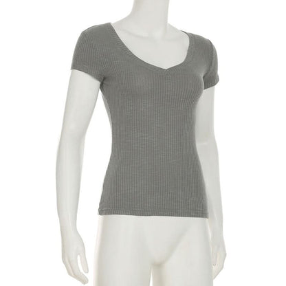 V neck short sleeve ribbed top