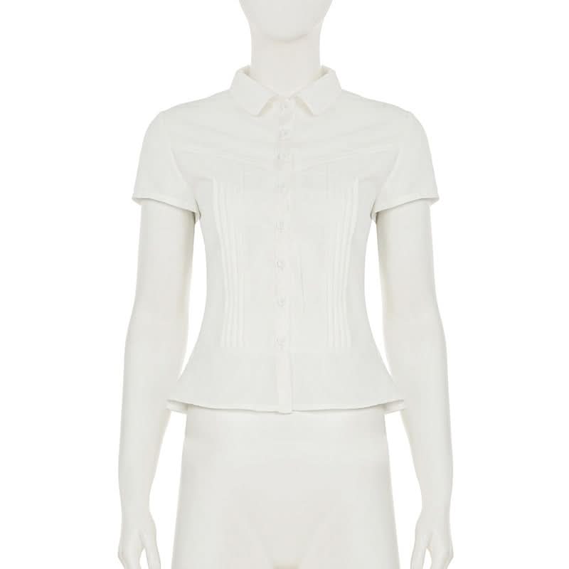 Turnover collar button pleated top
