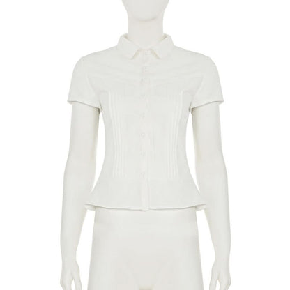Turnover collar button pleated top