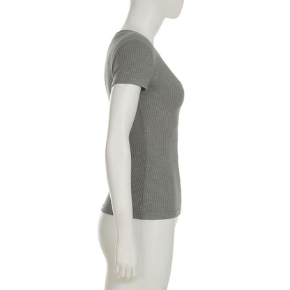V neck short sleeve ribbed top