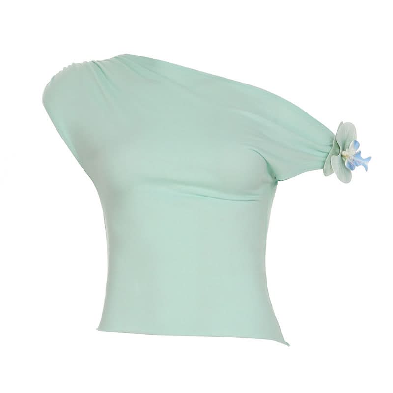 Off shoulder flower applique ruched top