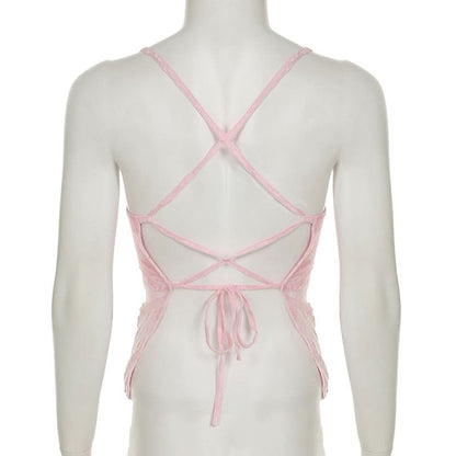 Self tie cross back lace cami top