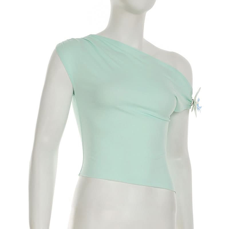 Off shoulder flower applique ruched top