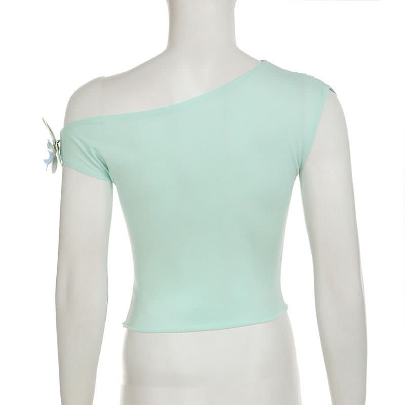 Off shoulder flower applique ruched top