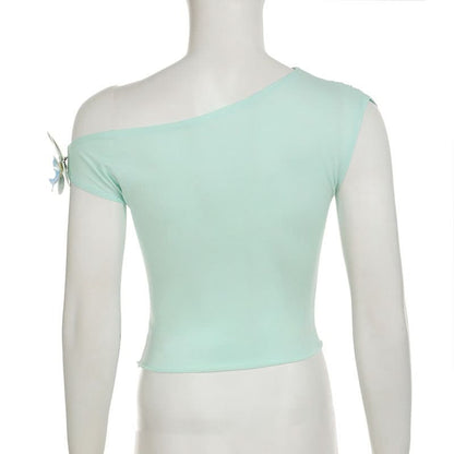 Off shoulder flower applique ruched top