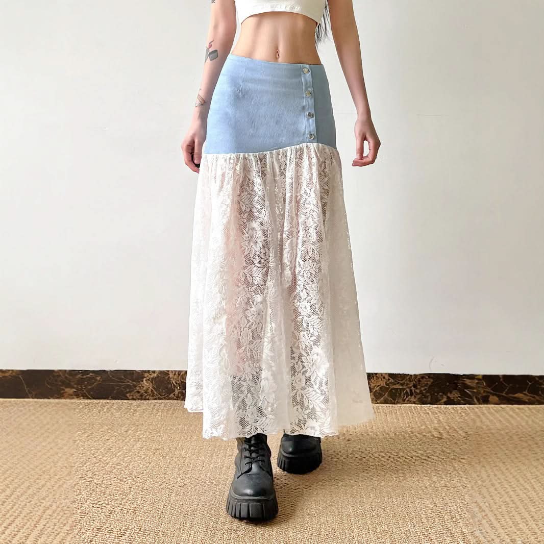 Denim lace patchwork button maxi skirt