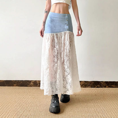Denim lace patchwork button maxi skirt