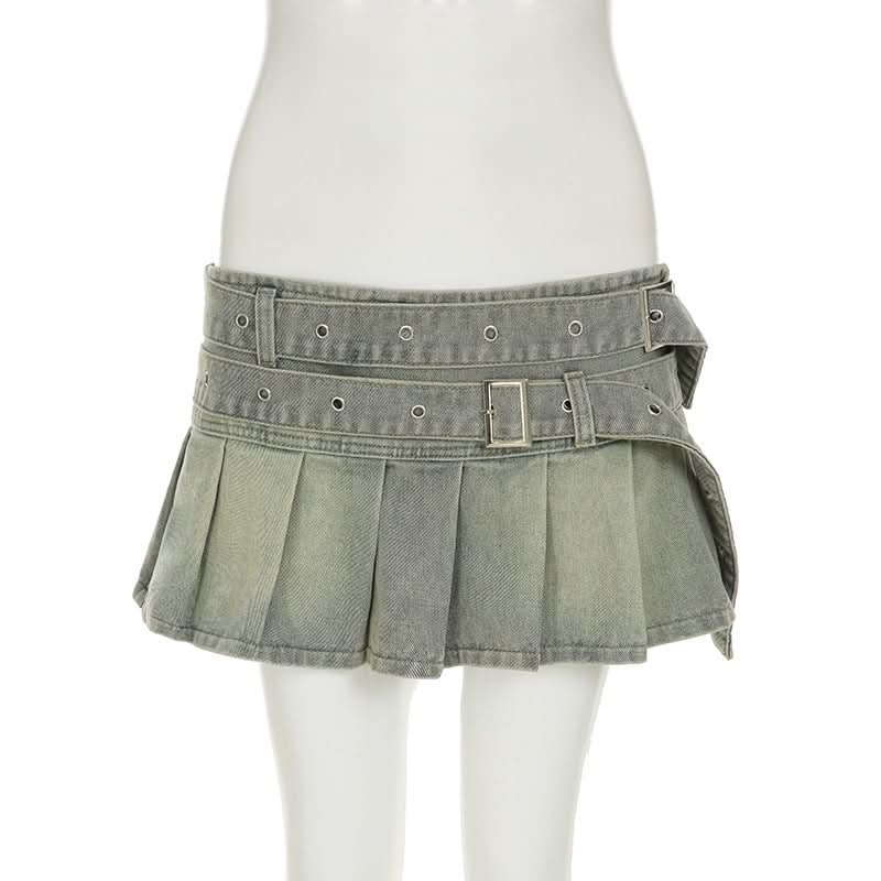 Denim belt pleated A line mini skirt