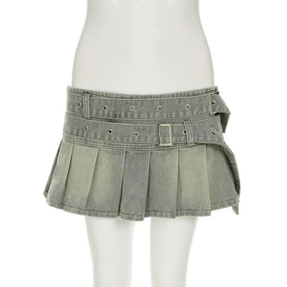 Denim belt pleated A line mini skirt