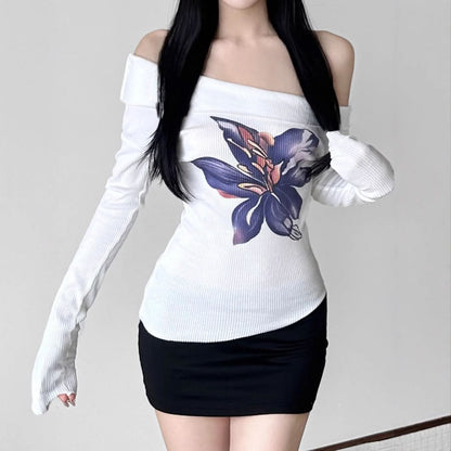Off shoulder long sleeve flower print top