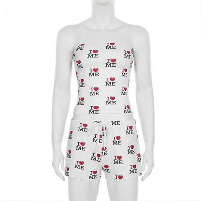 Sweetheart print self tie tube short pant set