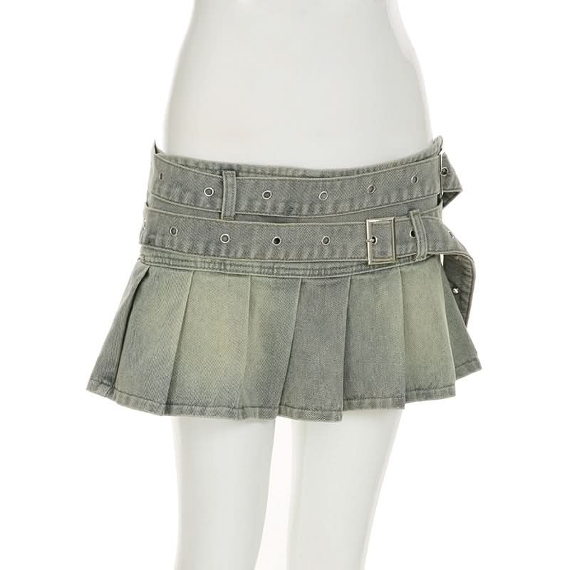 Denim belt pleated A line mini skirt