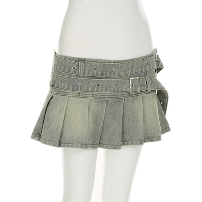 Denim belt pleated A line mini skirt