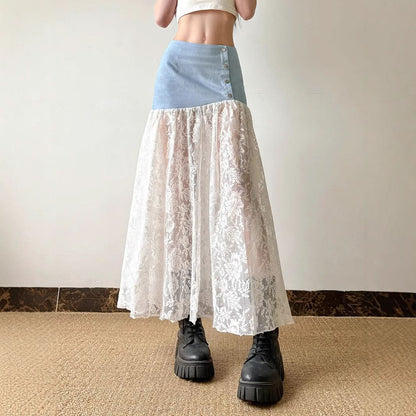 Denim lace patchwork button maxi skirt