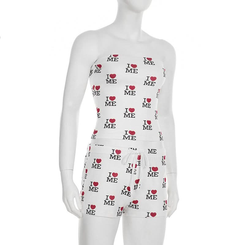 Sweetheart print self tie tube short pant set