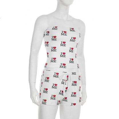 Sweetheart print self tie tube short pant set