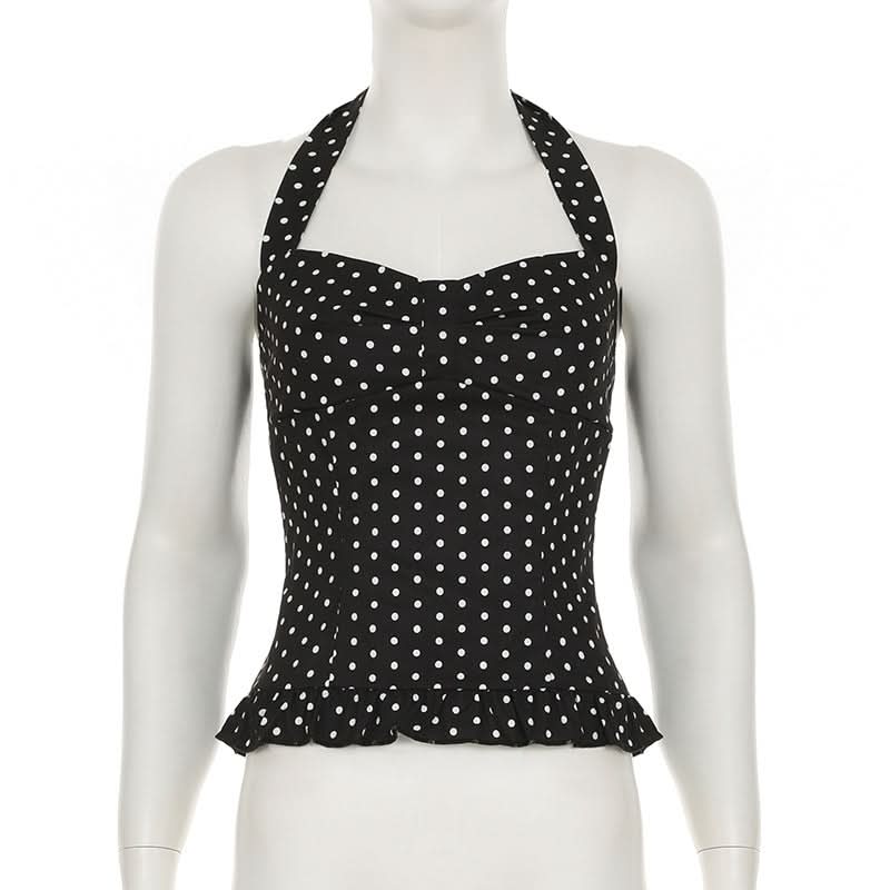 Polka dot halter smocked ruffle top