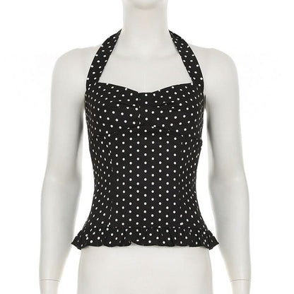 Polka dot halter smocked ruffle top