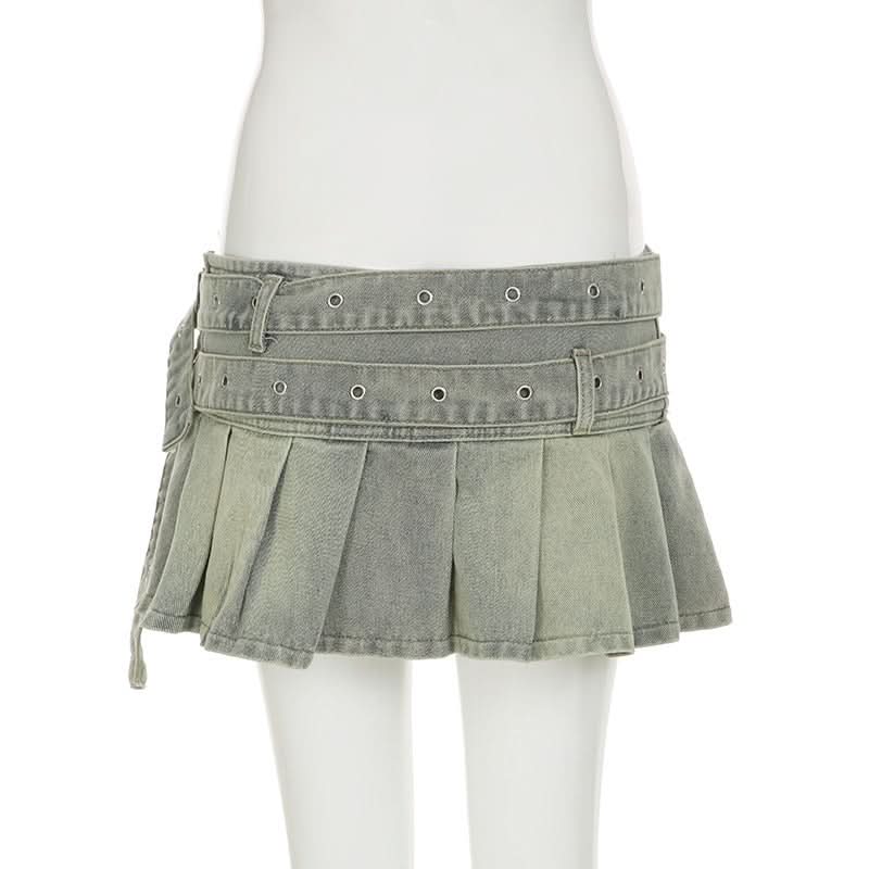 Denim belt pleated A line mini skirt