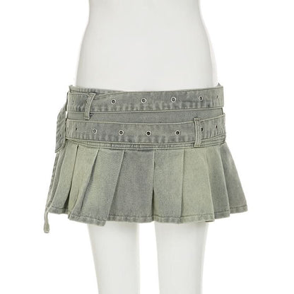 Denim belt pleated A line mini skirt