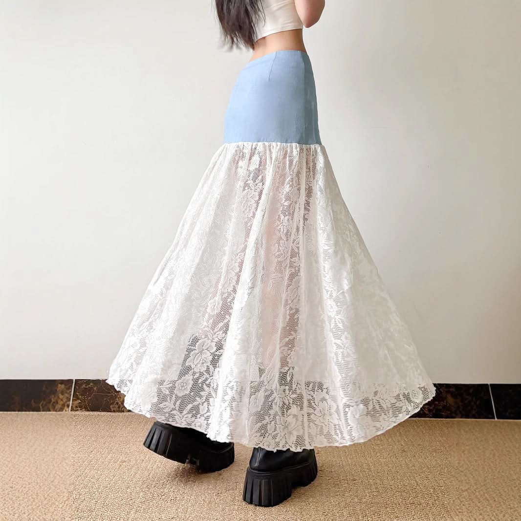 Denim lace patchwork button maxi skirt