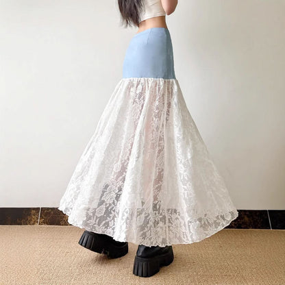 Denim lace patchwork button maxi skirt