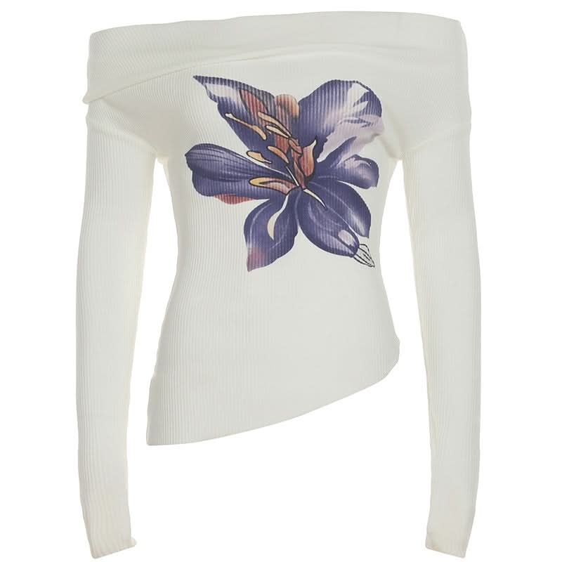 Off shoulder long sleeve flower print top