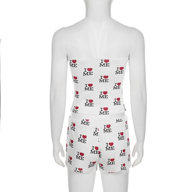 Sweetheart print self tie tube short pant set