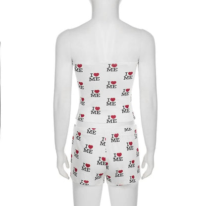 Sweetheart print self tie tube short pant set