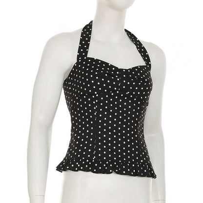 Polka dot halter smocked ruffle top