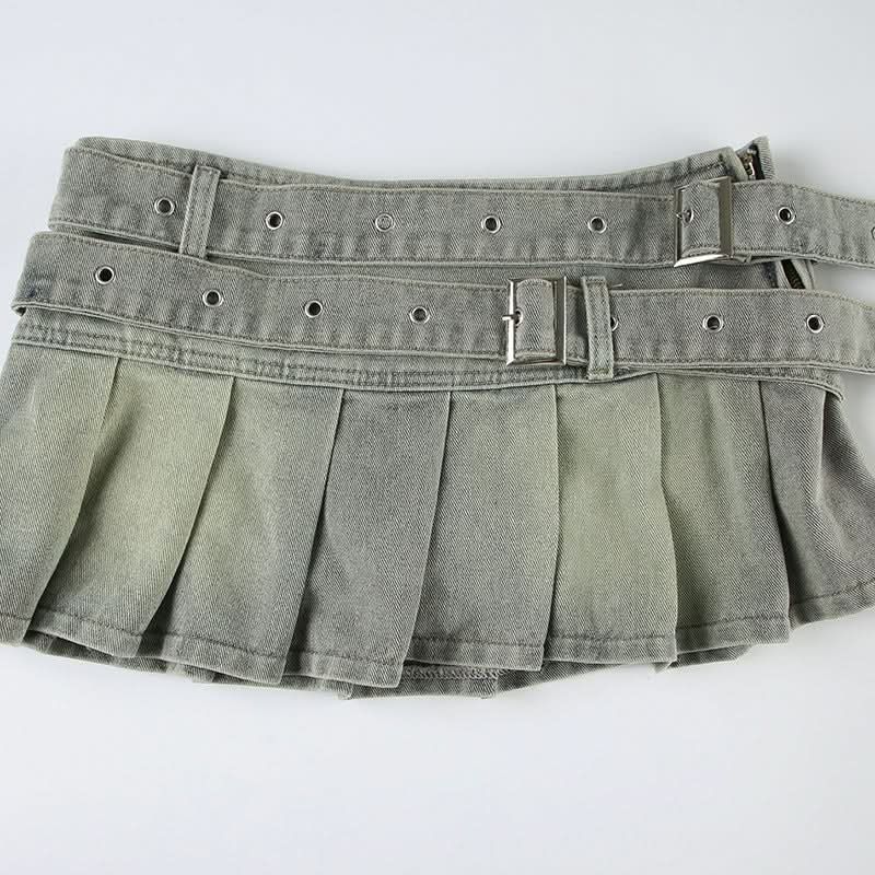 Denim belt pleated A line mini skirt